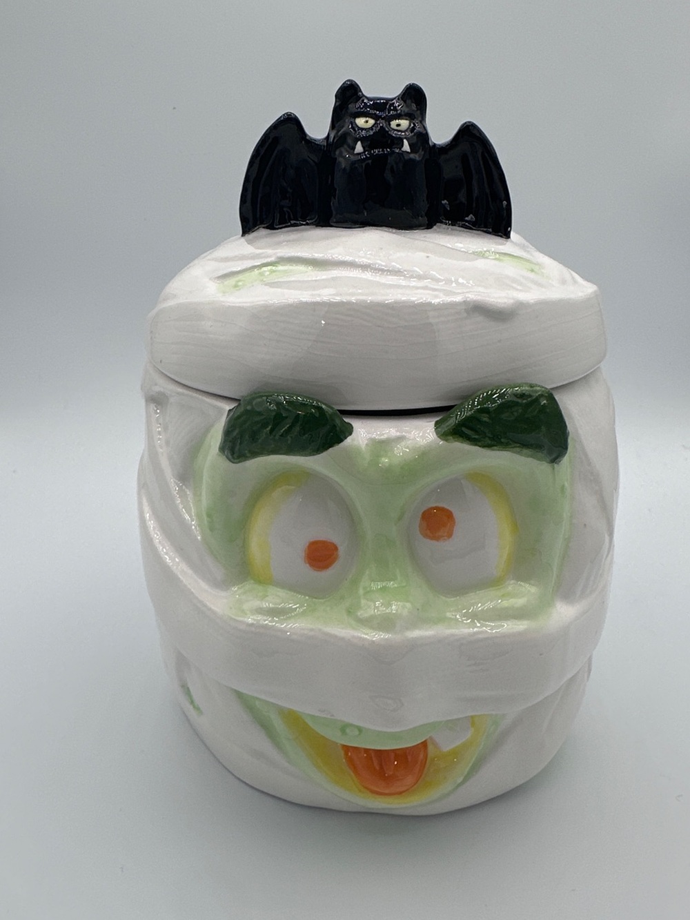 Halloween Mummy Treat Jar with Black Bat Lid - White & Green